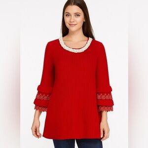 Knit& co tunic, long sleeve , pearl, lace, scoop neck, bell sleeve sweater
